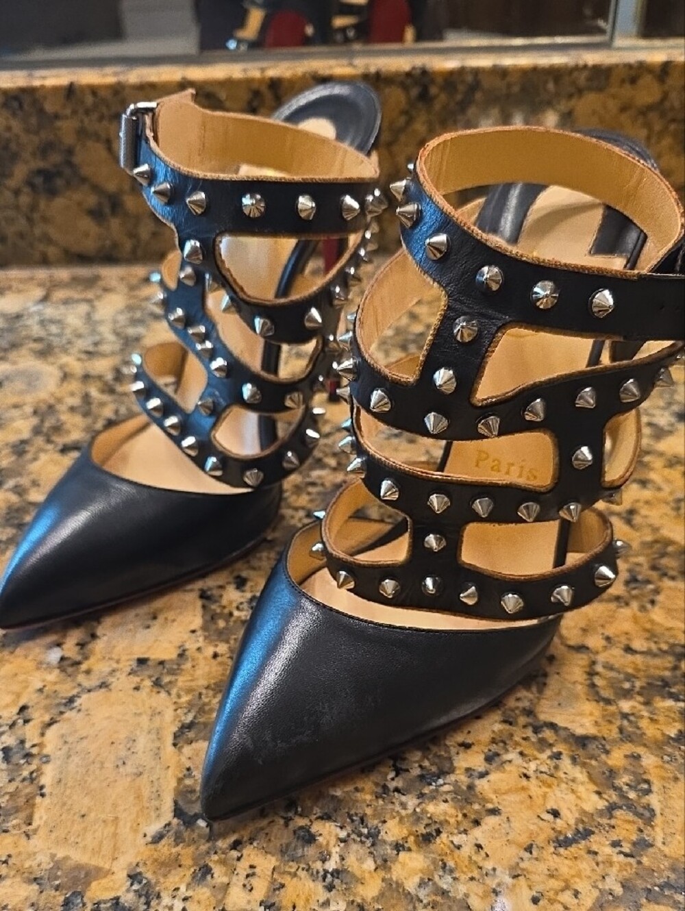 Christian Louboutin Black Leather Studded Strappy Pointed-Toe Pumps - Picture 8 of 15
